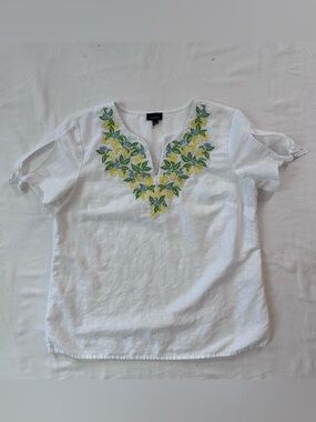 Talbots White Linen Cotton Lemon Embroidered Top Size S Tie Sleeve Resort